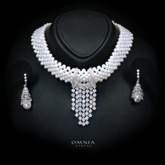 Uzmaira Pearl Necklace and Earrings Set with High-Quality Premium Simulated Diamonds in 925 Sterling Silver