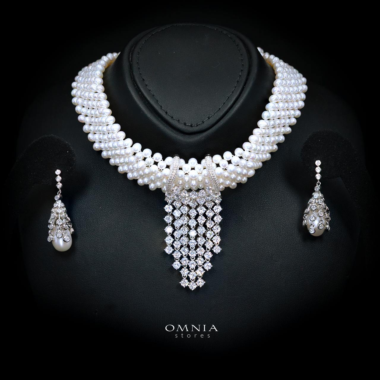Uzmaira Pearl Necklace and Earrings Set with High-Quality Premium Simulated Diamonds in 925 Sterling Silver