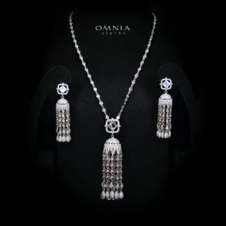 Emaniya White Long Chain Necklace and Earring Set with High-Quality Premium Simulated Diamonds in 925 Sterling Silver