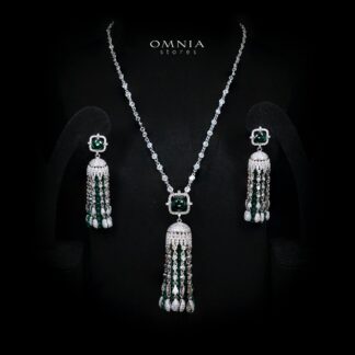 Emaniya Green Long Chain Necklace and Earring Set with High-Quality Premium Simulated Diamonds in 925 Sterling Silver