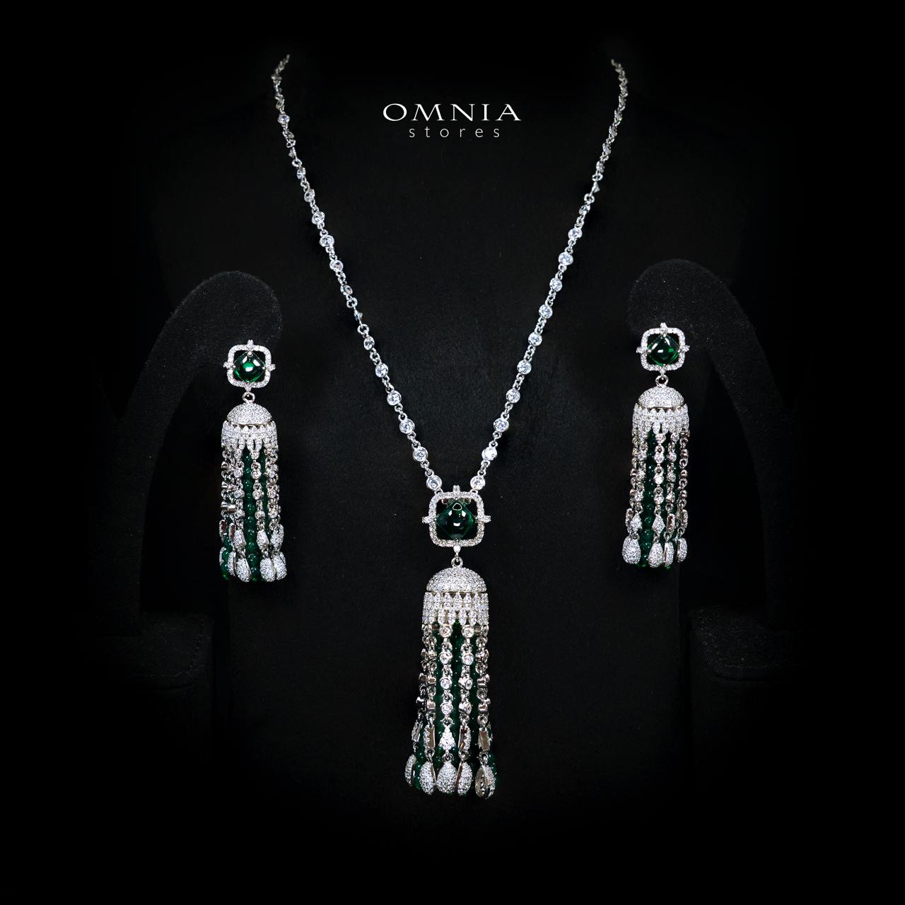 Emaniya Green Long Chain Necklace and Earring Set with High-Quality Premium Simulated Diamonds in 925 Sterling Silver