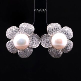 Najaah Floral Fresh Water Pearl Earring in 925 Silver with High-Quality Simulated Diamonds