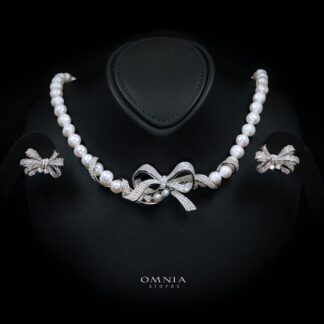 Melina Fresh Water Pearl Ribbon Necklace and Earring Set with High-Quality Simulated Diamonds in 925 Silver