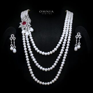 Jaleesa Fresh Water Pearl Necklace and Earring Set with High-Quality Simulated Diamonds in 925 Silver