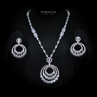 Selestine White Long Chain Necklace and Earring Set with High-Quality Simulated Diamonds and Rhodium Plating
