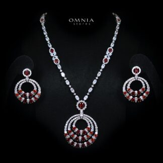 Selestine Red Long Chain Necklace and Earring Set with High-Quality Simulated Diamonds and Rhodium Plating