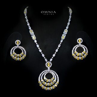 Selestine Yellow Long Chain Necklace and Earring Set with High-Quality Simulated Diamonds and Rhodium Plating
