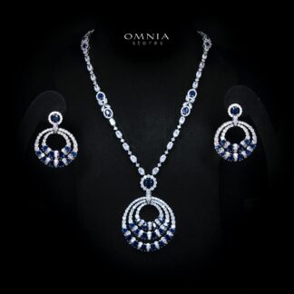 Selestine Blue Long Chain Necklace and Earring Set with High-Quality Simulated Diamonds and Rhodium Plating