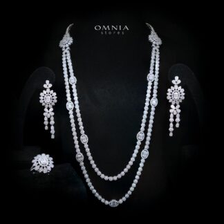 Lumaiza White Long Chain Necklace, Earrings, and Ring Set with High-Quality Simulated Diamonds and Rhodium Plating