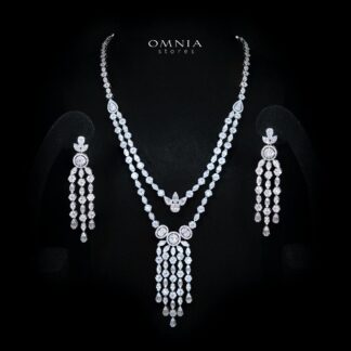 Avena White Long Chain Necklace and Earring Set with High-Quality Simulated Diamonds and Rhodium Plating