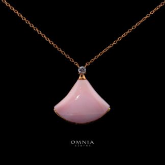 Camellia Pink Opal Fan-Shaped Pendant Necklace with Simulated Diamond Accents, 18K Gold-Plated in 925 Sterling Silver