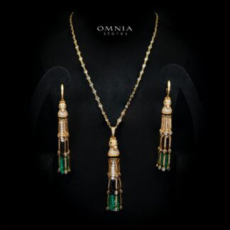 Omnia Vania Multi-Color Gold-Plated Horse Design Long Chain Necklace & Drop Earrings Set in 925 Silver with High-Quality Simulated Diamonds