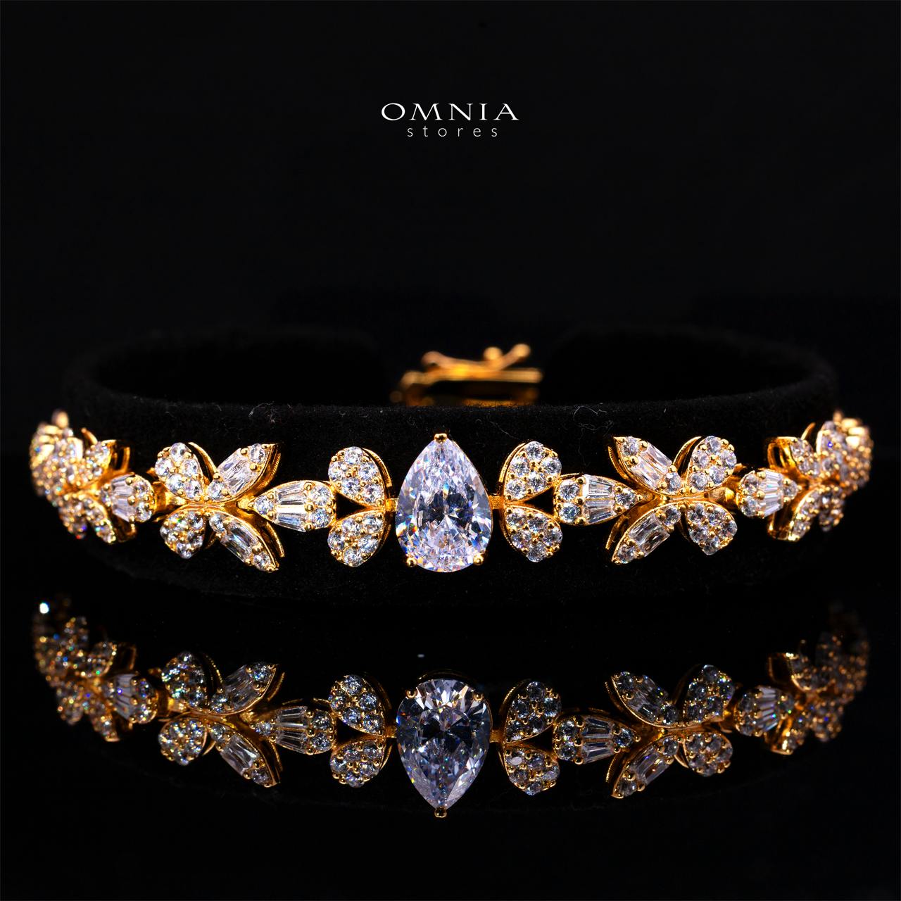 Omnia Yaza Bridal Gold Long chain Set High Quality Zircon Stone In Rhodium Plated (16cm only available in KSA) - Image 3