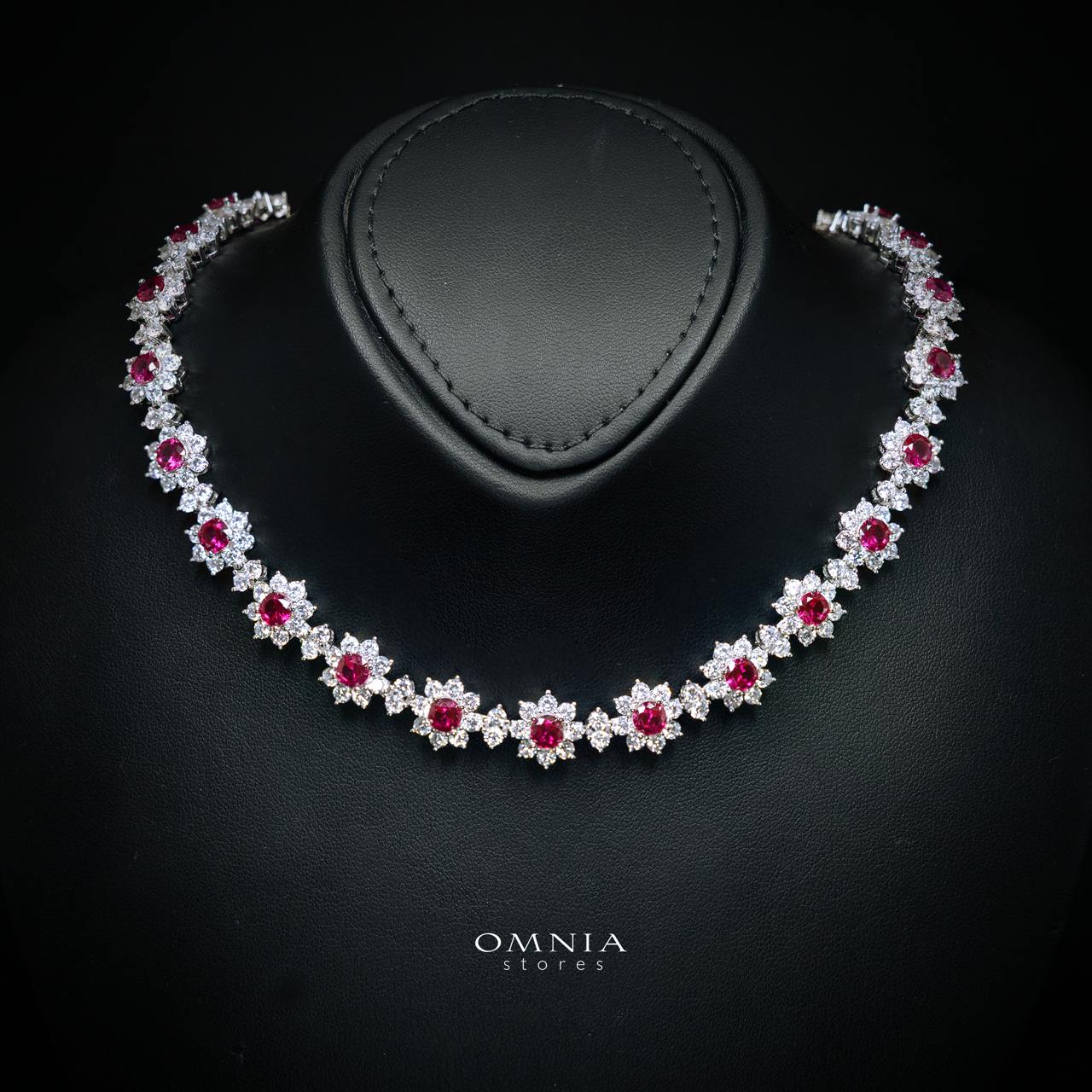 Talyra Red Flower Necklace with High-Quality Premium Simulated Diamonds in 925 Sterling Silver