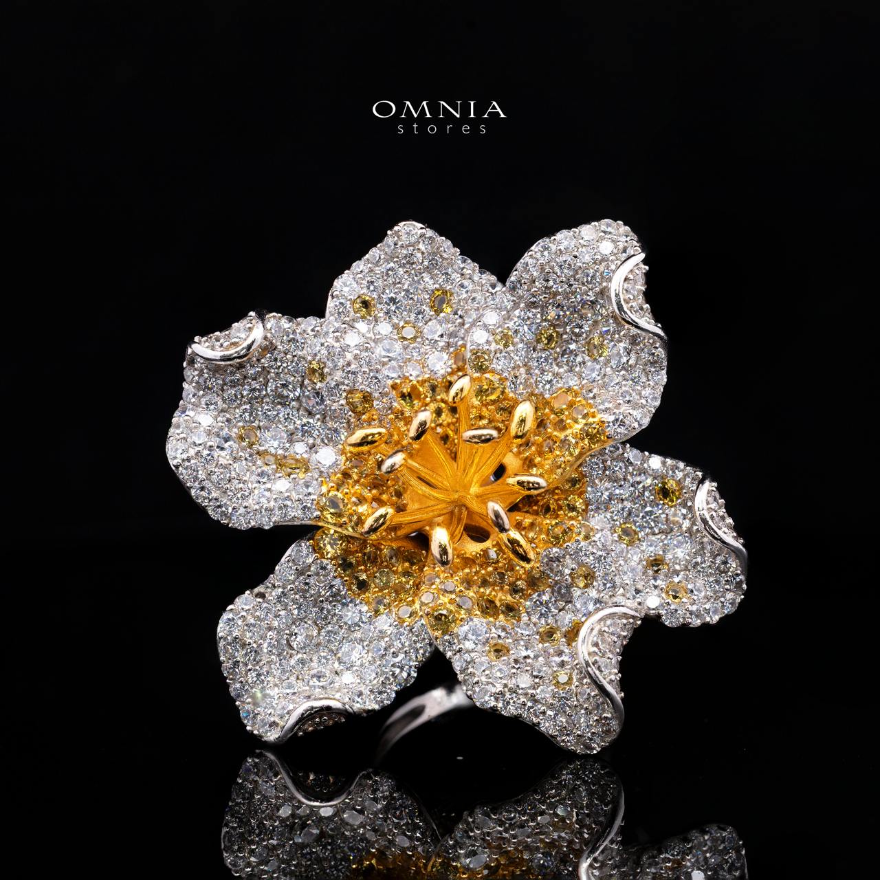 Thalisse Blooming Floral Statement Ring with Premium Simulated Diamonds in 925 Silver