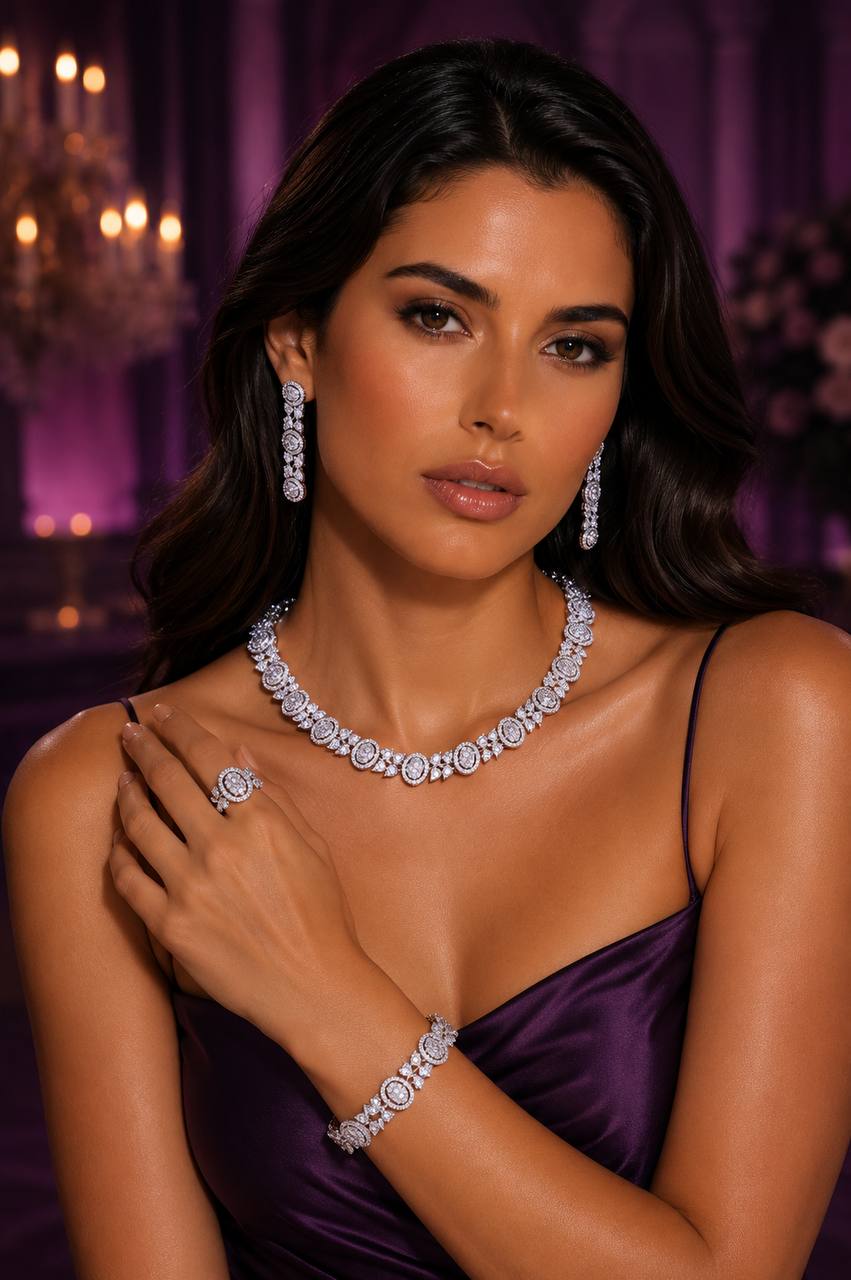 Rahima White Luxury Bridal Full Set with High-Quality Simulated Diamonds and Rhodium Plating - Image 3