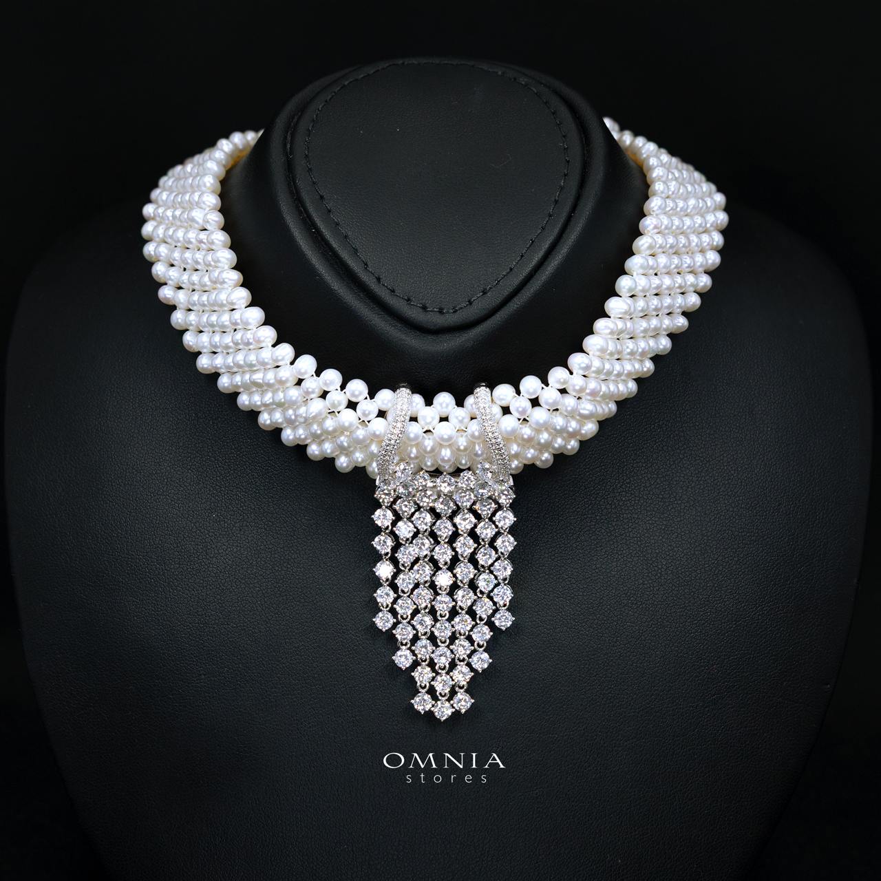 Uzmaira Pearl Necklace and Earrings Set with High-Quality Premium Simulated Diamonds in 925 Sterling Silver - Image 2