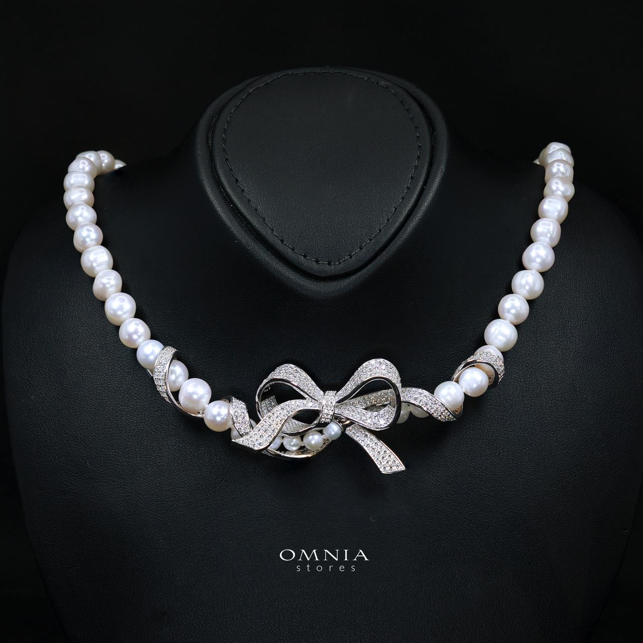 Melina Fresh Water Pearl Ribbon Necklace and Earring Set with High-Quality Simulated Diamonds in 925 Silver - Image 2