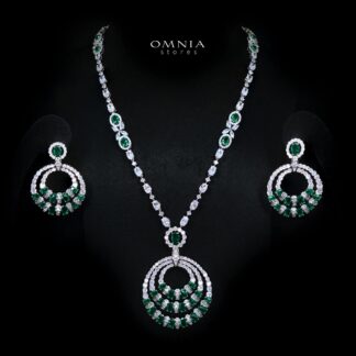 Selestine Green Long Chain Necklace and Earring Set with High-Quality Simulated Diamonds and Rhodium Plating