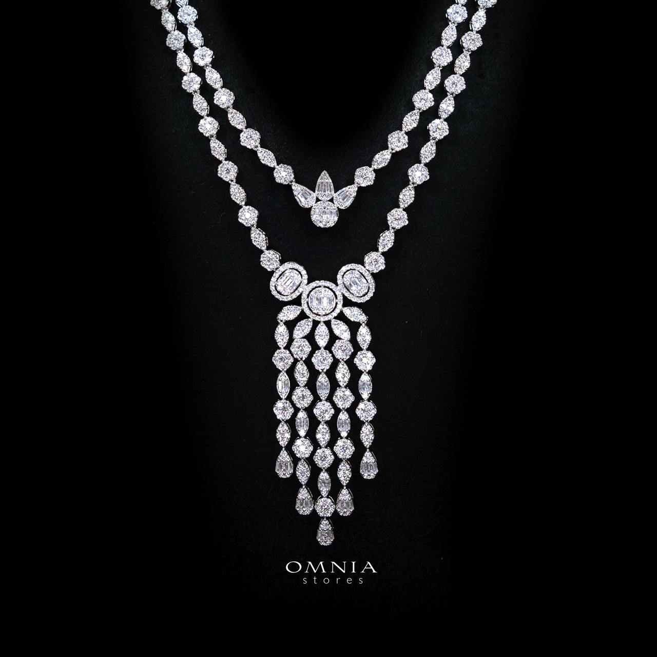 Avena White Long Chain Necklace and Earring Set with High-Quality Simulated Diamonds and Rhodium Plating - Image 2
