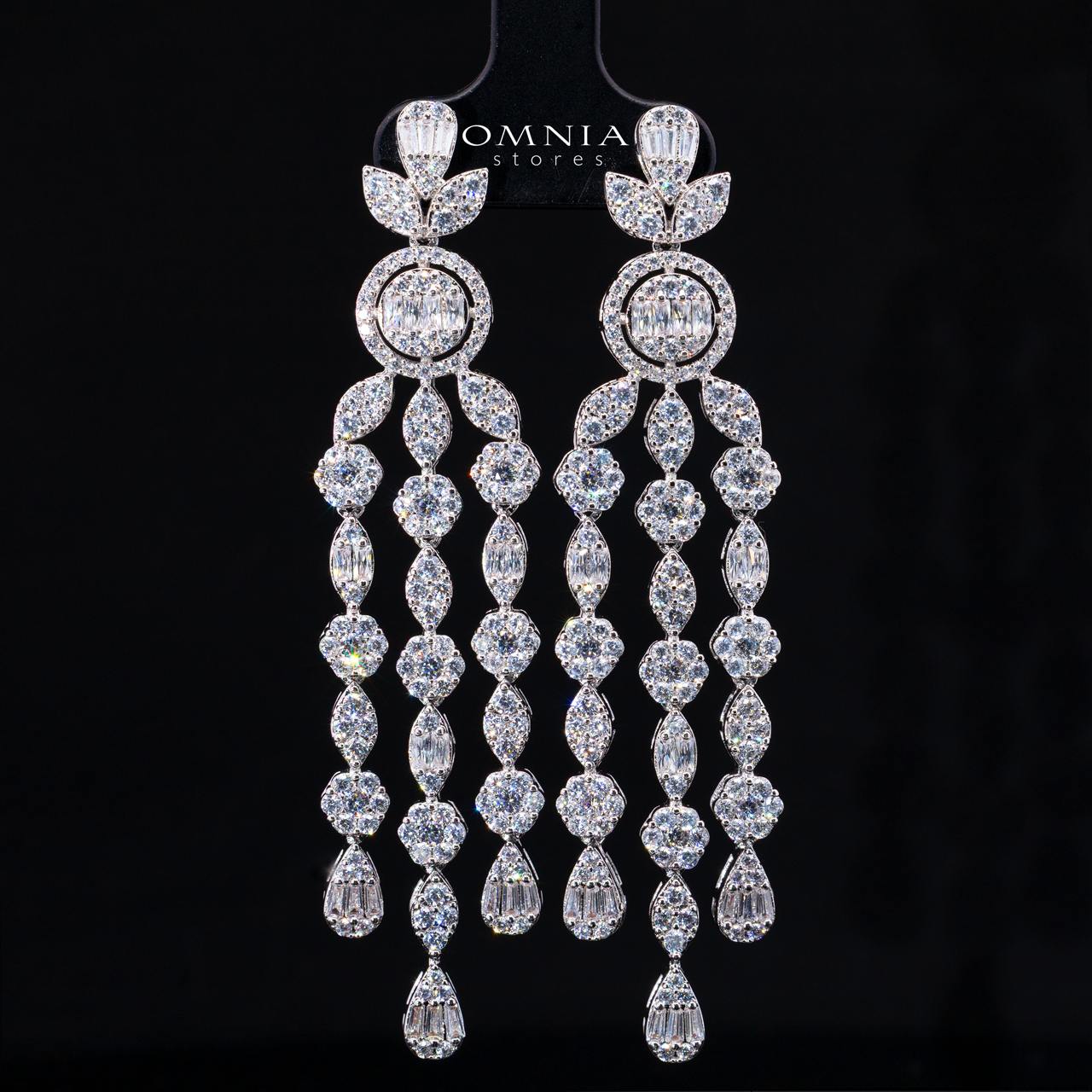 Avena White Long Chain Necklace and Earring Set with High-Quality Simulated Diamonds and Rhodium Plating - Image 3