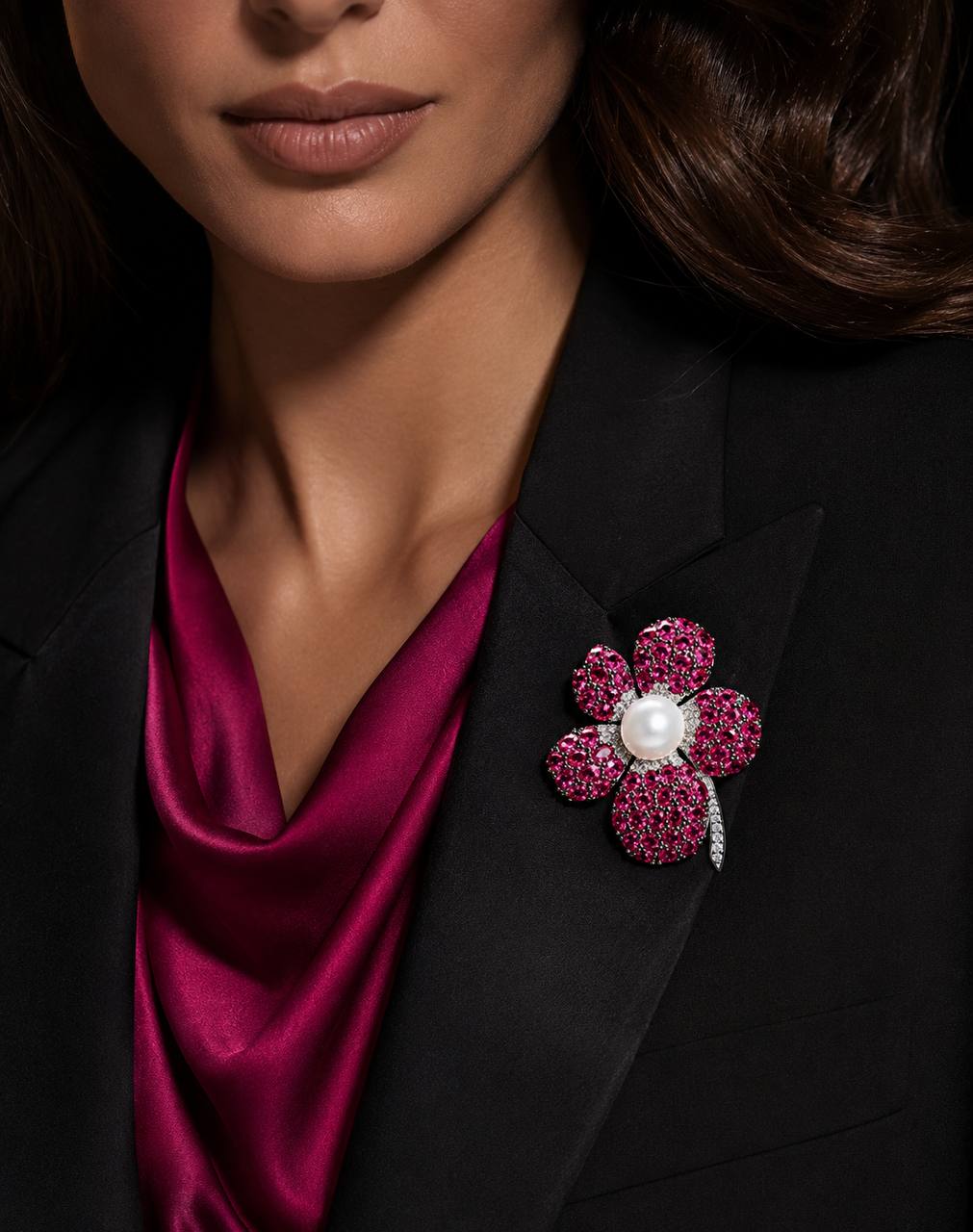 Alicia Flower Pearl Brooch with High-Quality Simulated Diamonds in 925 Sterling Silver - Image 3