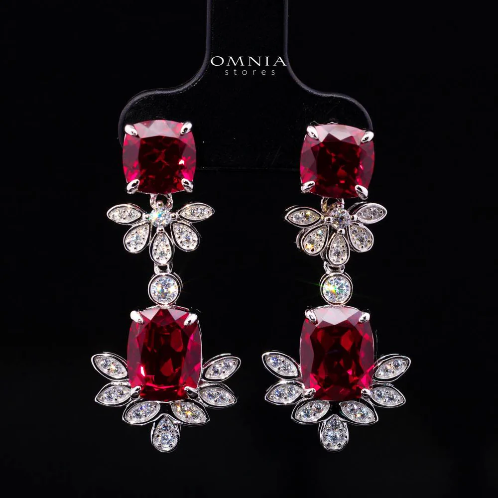 Omnia Alyah White and Red Floral Earrings With High Quality Ruby Lab Grown Stones in 925 Silver
