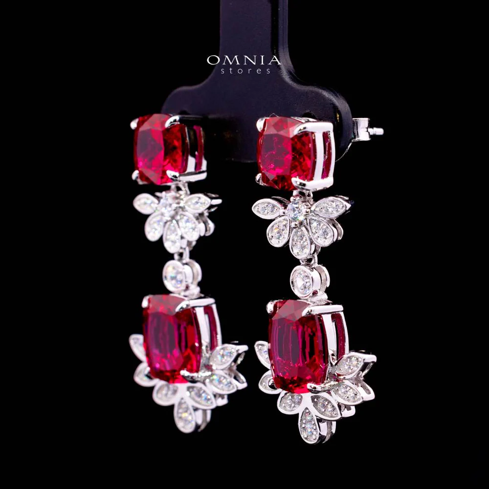 Omnia Alyah White and Red Floral Earrings With High Quality Ruby Lab Grown Stones in 925 Silver - Image 2