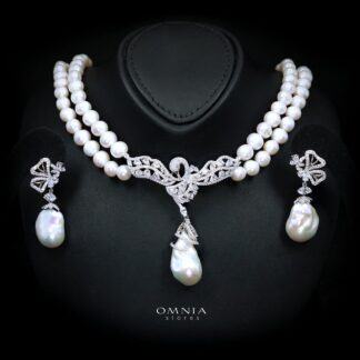 Talinara Pearl Necklace & Earring Set with High-Quality Premium Simulated Diamonds in 925 Sterling Silver