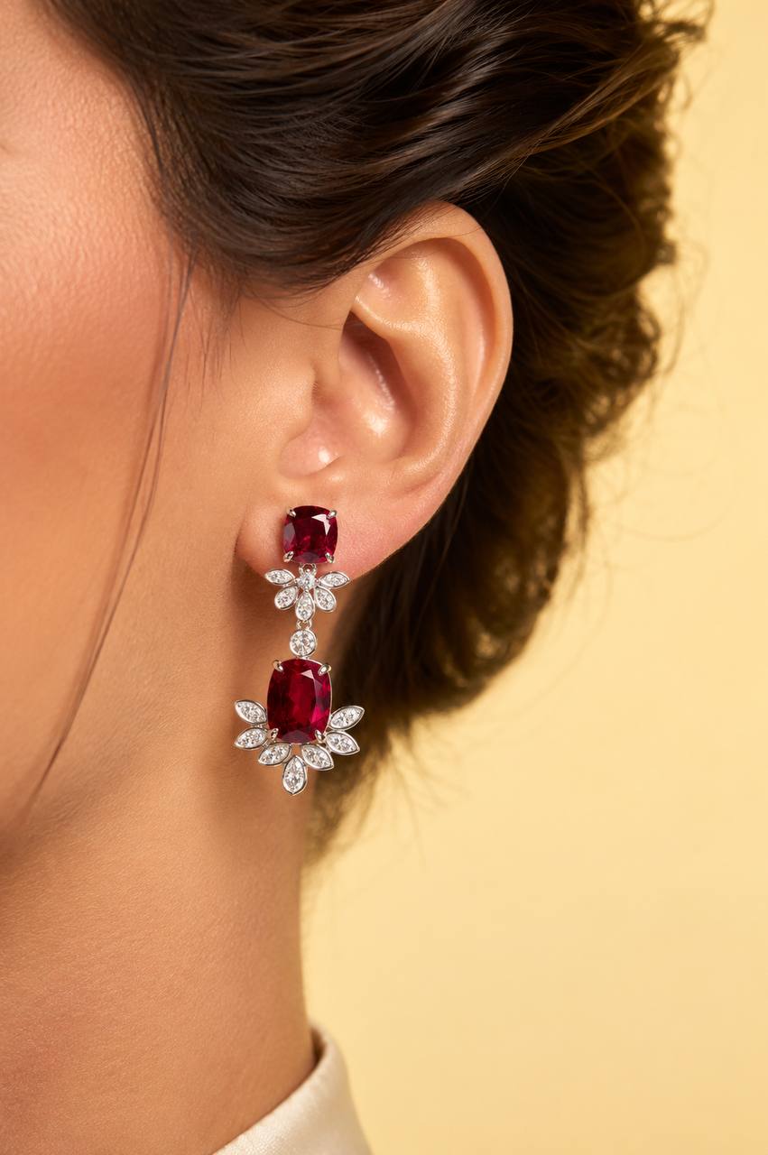 Omnia Alyah White and Red Floral Earrings With High Quality Ruby Lab Grown Stones in 925 Silver - Image 3