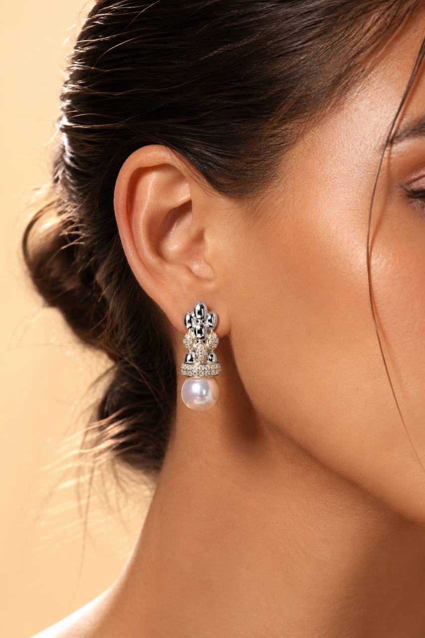 Dulce Royal Two-Tone Pearl Drop Earrings – Premium Simulated Diamond in 925 Silver - Image 3