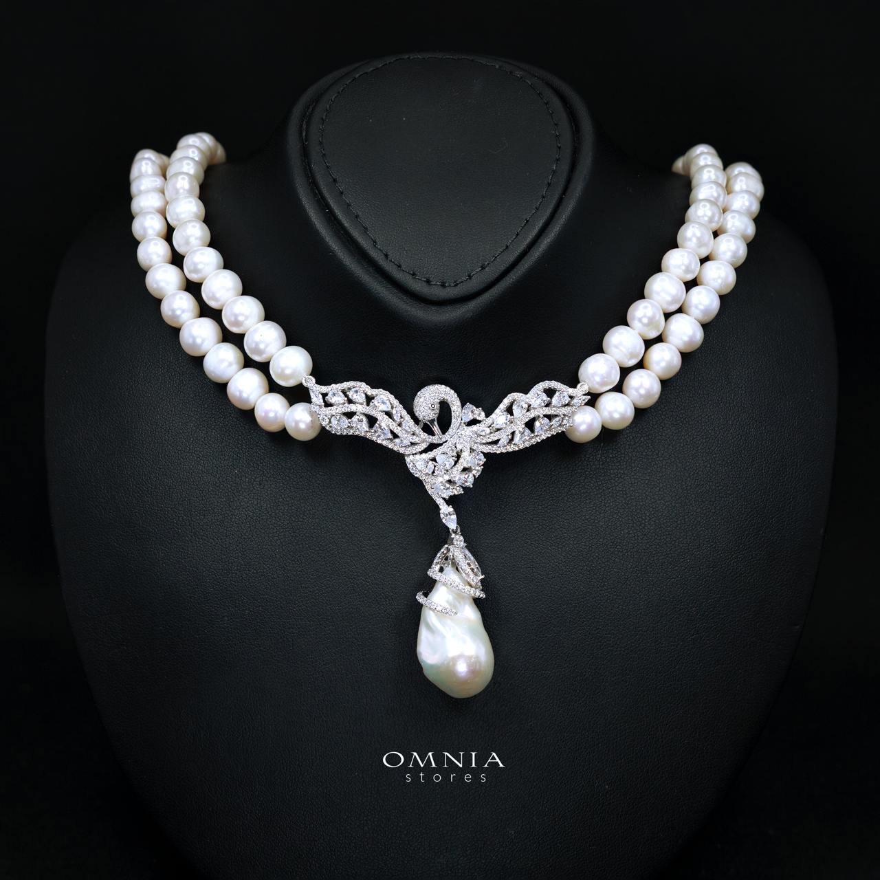 Talinara Pearl Necklace & Earring Set with High-Quality Premium Simulated Diamonds in 925 Sterling Silver - Image 2