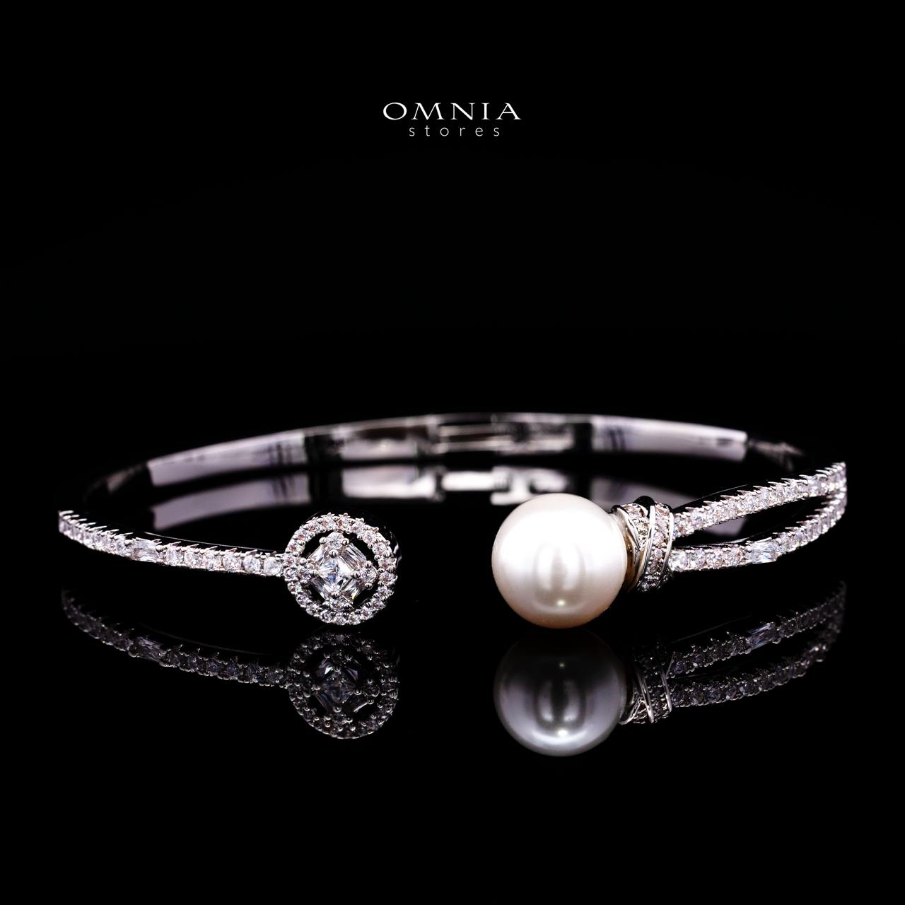 Nilda Pearl Bangle & Ring Set with Premium Simulated Diamonds in Rhodium-Plated Alloy - Image 2
