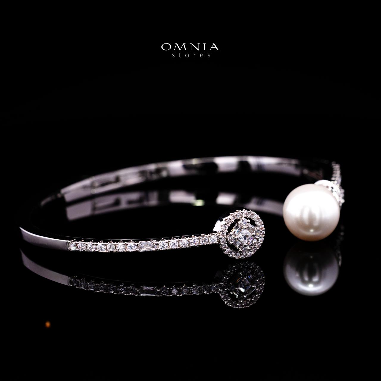 Nilda Pearl Bangle & Ring Set with Premium Simulated Diamonds in Rhodium-Plated Alloy - Image 4