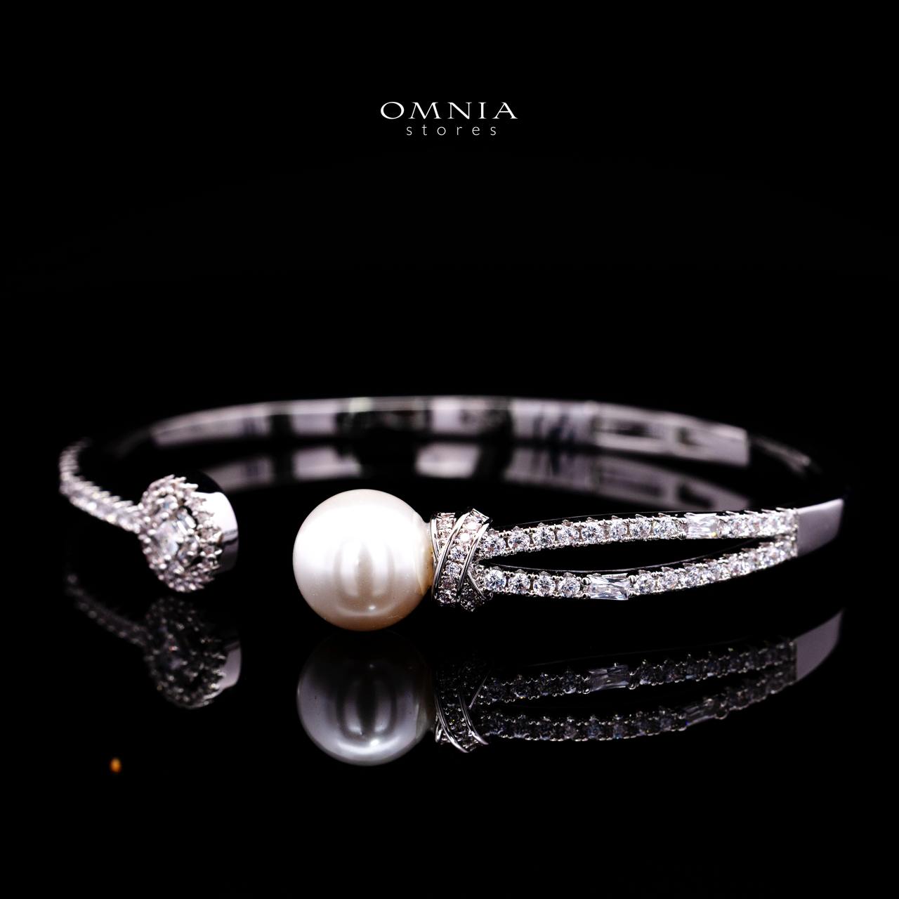 Nilda Pearl Bangle & Ring Set with Premium Simulated Diamonds in Rhodium-Plated Alloy - Image 3